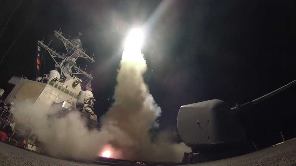 In this handout provided by the U.S. Navy,The guided-missile destroyer USS Porter fires a Tomahawk land attack missile on April 7, 2017 in the Mediterranean Sea. (Photo by Ford Williams/U.S. Navy via Getty Images)