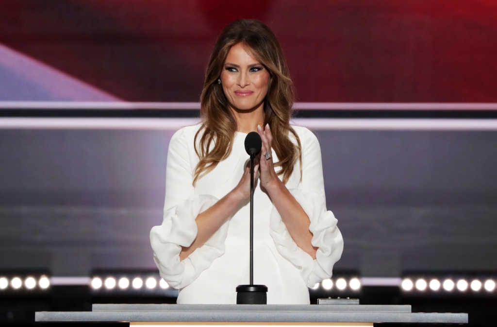 CLEVELAND, OH - JULY 18: Melania Trump, wife of Presumptive Republican presidential nominee Donald Trump, delivers a speech on the first day of the Republican National Convention on July 18, 2016 at the Quicken Loans Arena in Cleveland, Ohio. An estimated 50,000 people are expected in Cleveland, including hundreds of protesters and members of the media. The four-day Republican National Convention kicks off on July 18. (Photo by Alex Wong/Getty Images)