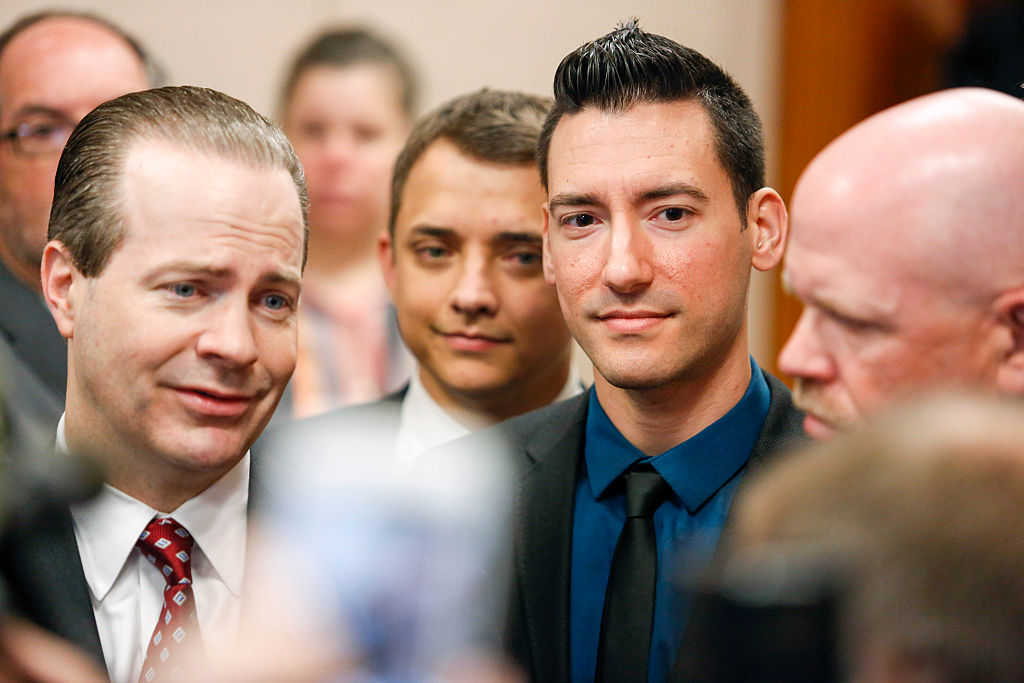 Attorney Jared Woodfill (L) speaks to the media alongside client David Daleiden (C), (Photo credit: Eric Kayne/Getty Images)