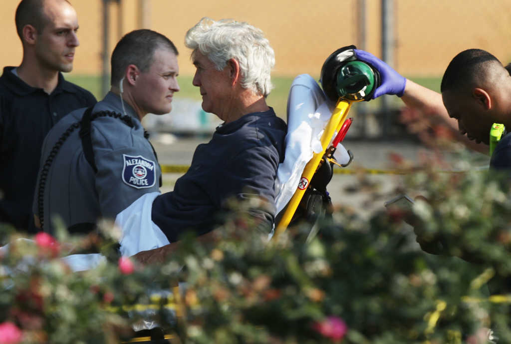 ALEXANDRIA, VA - JUNE 14: U.S. Rep. Roger Williams (R-TX) is brought away by emergency medical service personnel Eugene Simpson Stadium Park where a shooting took place on June 14, 2017 in Alexandria, Virginia. U.S. House Majority Whip Rep. Steve Scalise (R-LA) and multiple congressional aides were shot by a gunman during a Republican baseball practice. (Photo by Alex Wong/Getty Images)