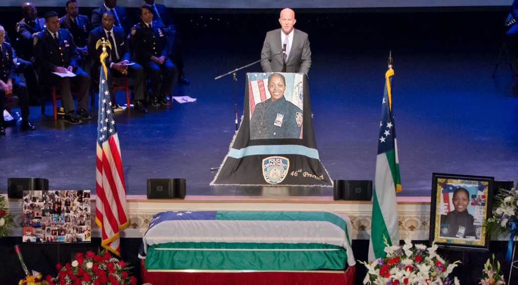 NEW YORK, NY - JULY 11: New York City Police Commissioner James O'Neill speaks during the funeral for New York City Police Officer Miosotis Familia, at the World Changers Church, July 11, 2017 in The Bronx borough of New York City. The slain officer, a mother of three children including 12-year-old twins, was writing in her memo book at the end of her shift early last Wednesday when a man walked up to the police vehicle where she was sitting and fired. (Photo by Richard Drew - Pool/Getty Images)