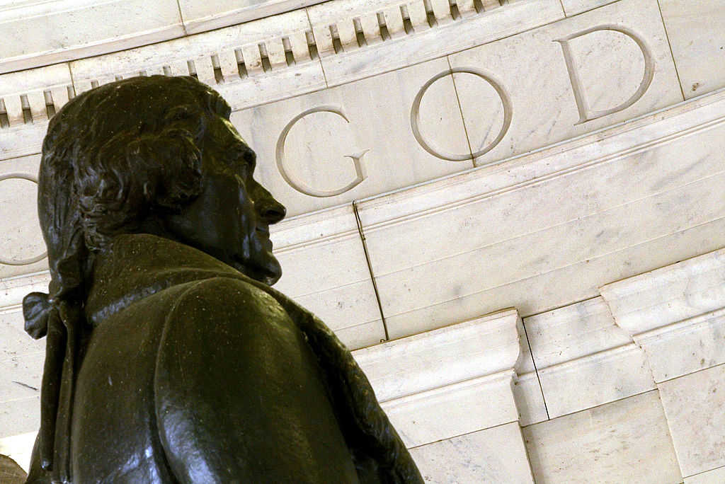 The word "God" is seen on the wall of the Thomas Jefferson Memorial in Washington, DC. (Alex Wong/Getty Images)