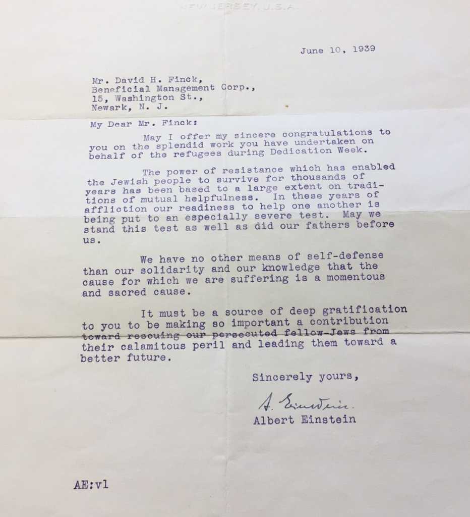 Albert Einstein wrote a letter to New York financier David Finck on June 10, 1939 for helping Jews to flee Nazi Germany. (Image source: WGN-TV)