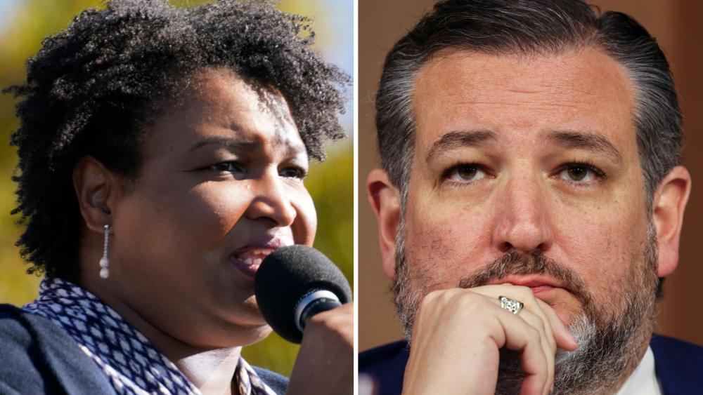 In this Nov. 2, 2020, file photo Stacey Abrams, left, speaks to Biden supporters. Sen. Ted Cruz (R-Texas), listens to testimony during Tuesday's hearing. (AP Photos)